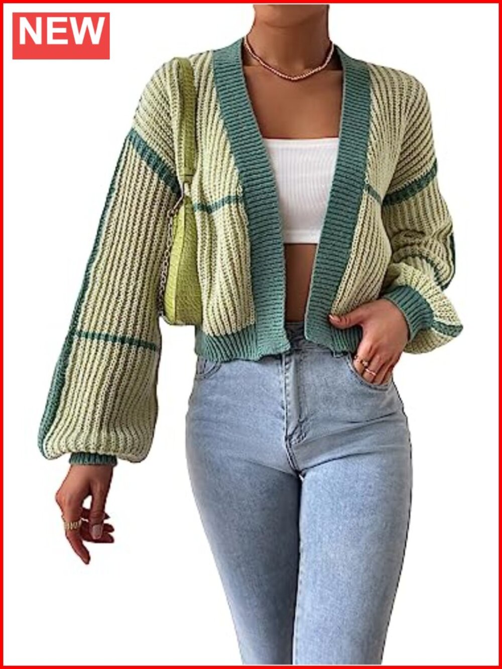 Womens Crop Cardigan Bishop Long Sleeve Striped Open Front Sweater Acrylic